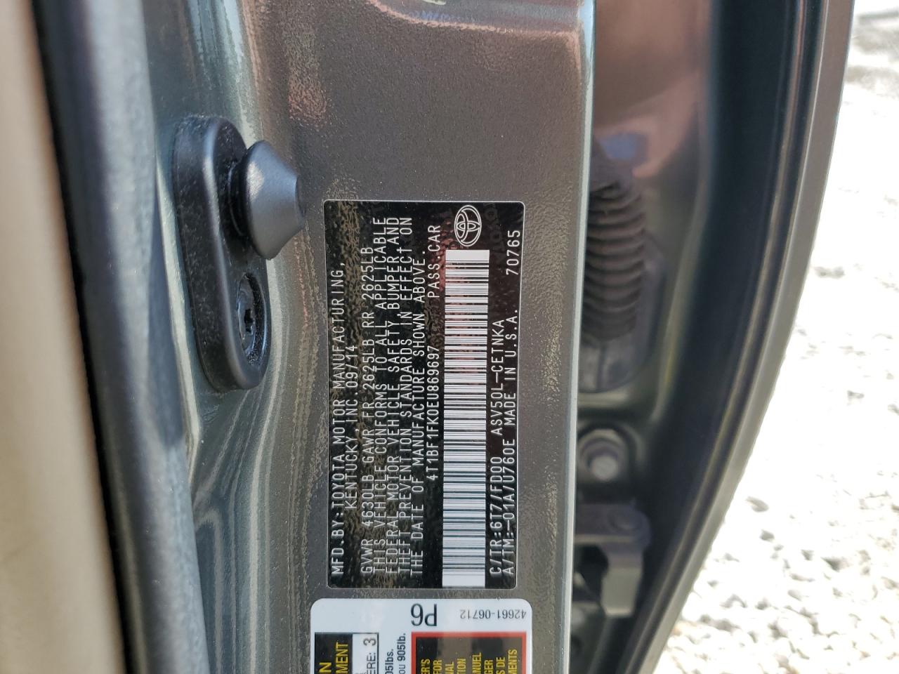 2014 Toyota Camry L VIN: 4T1BF1FK0EU869697 Lot: 61159525