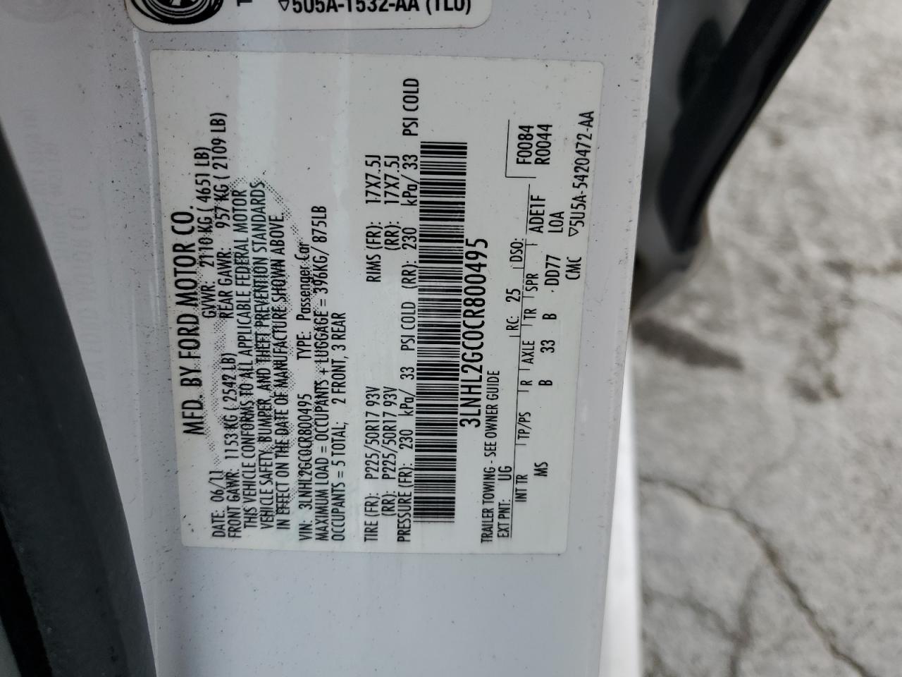 2012 Lincoln Mkz VIN: 3LNHL2GC0CR800495 Lot: 62653665