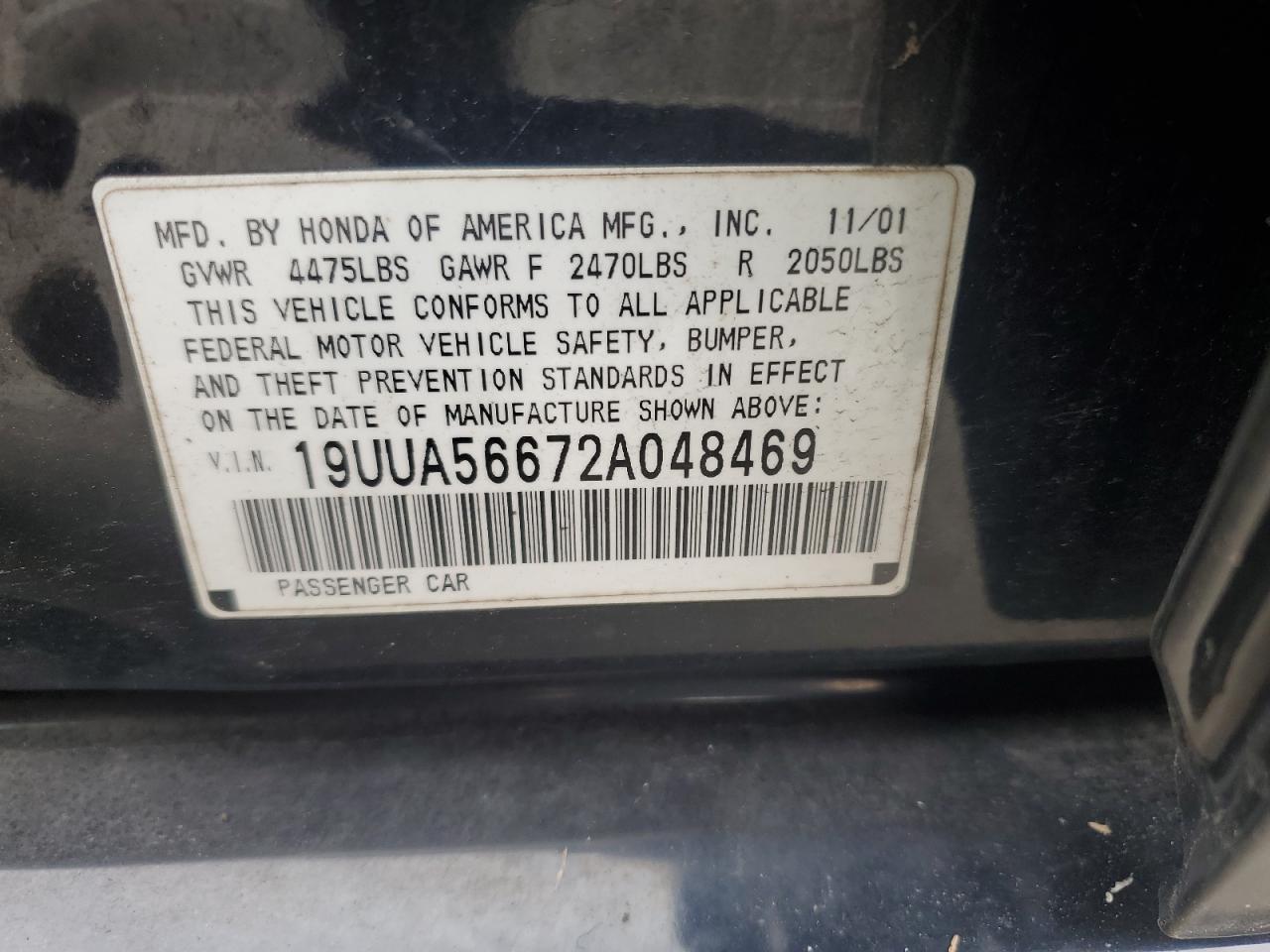 2002 Acura 3.2Tl VIN: 19UUA56672A048469 Lot: 60398665