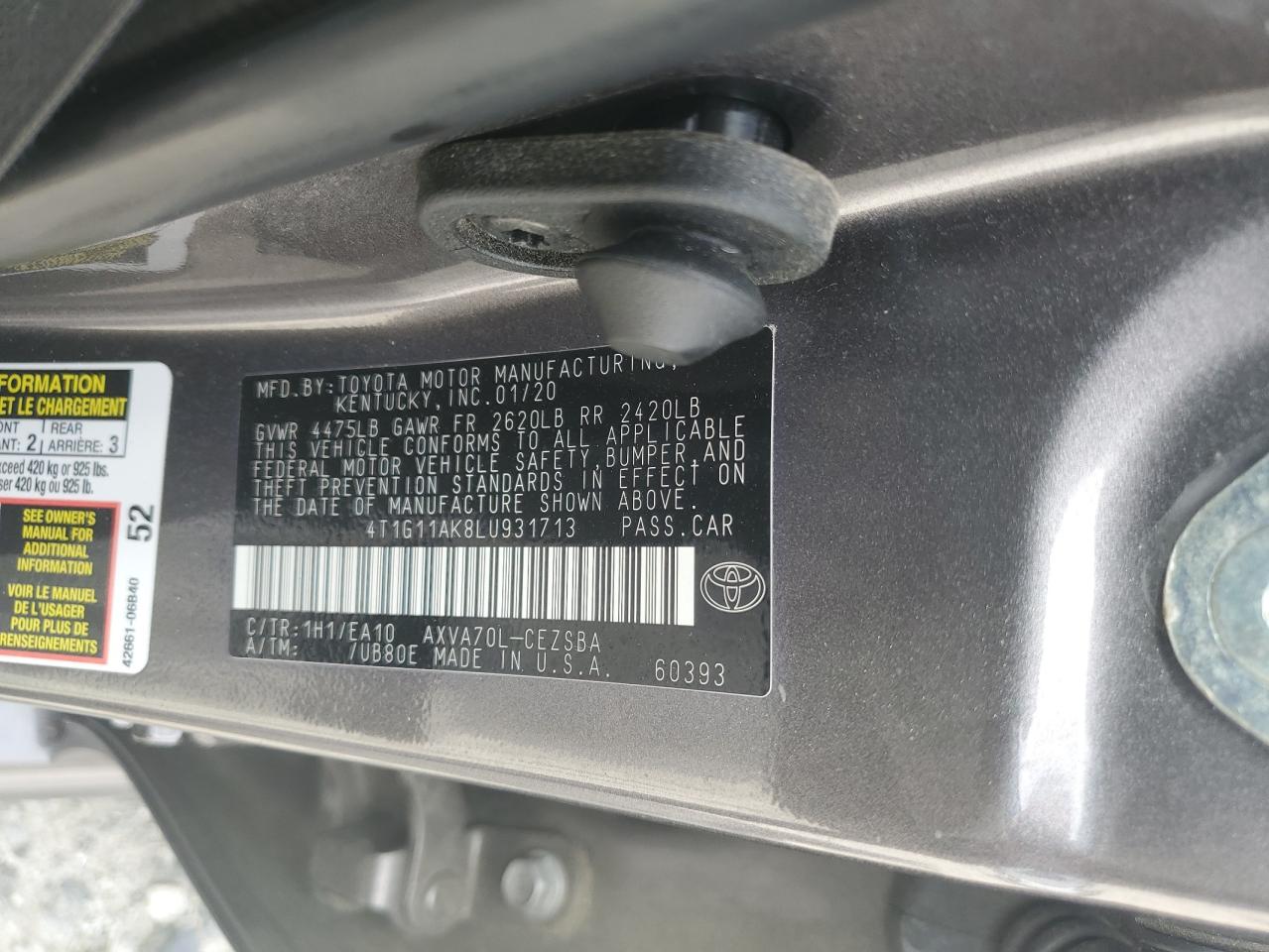2020 Toyota Camry Se VIN: 4T1G11AK8LU931713 Lot: 60941875