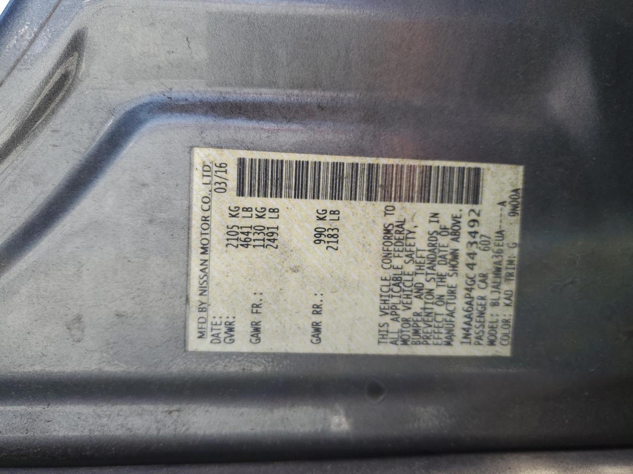 1N4AA6AP4GC443492 NISSAN MAXIMA 2016