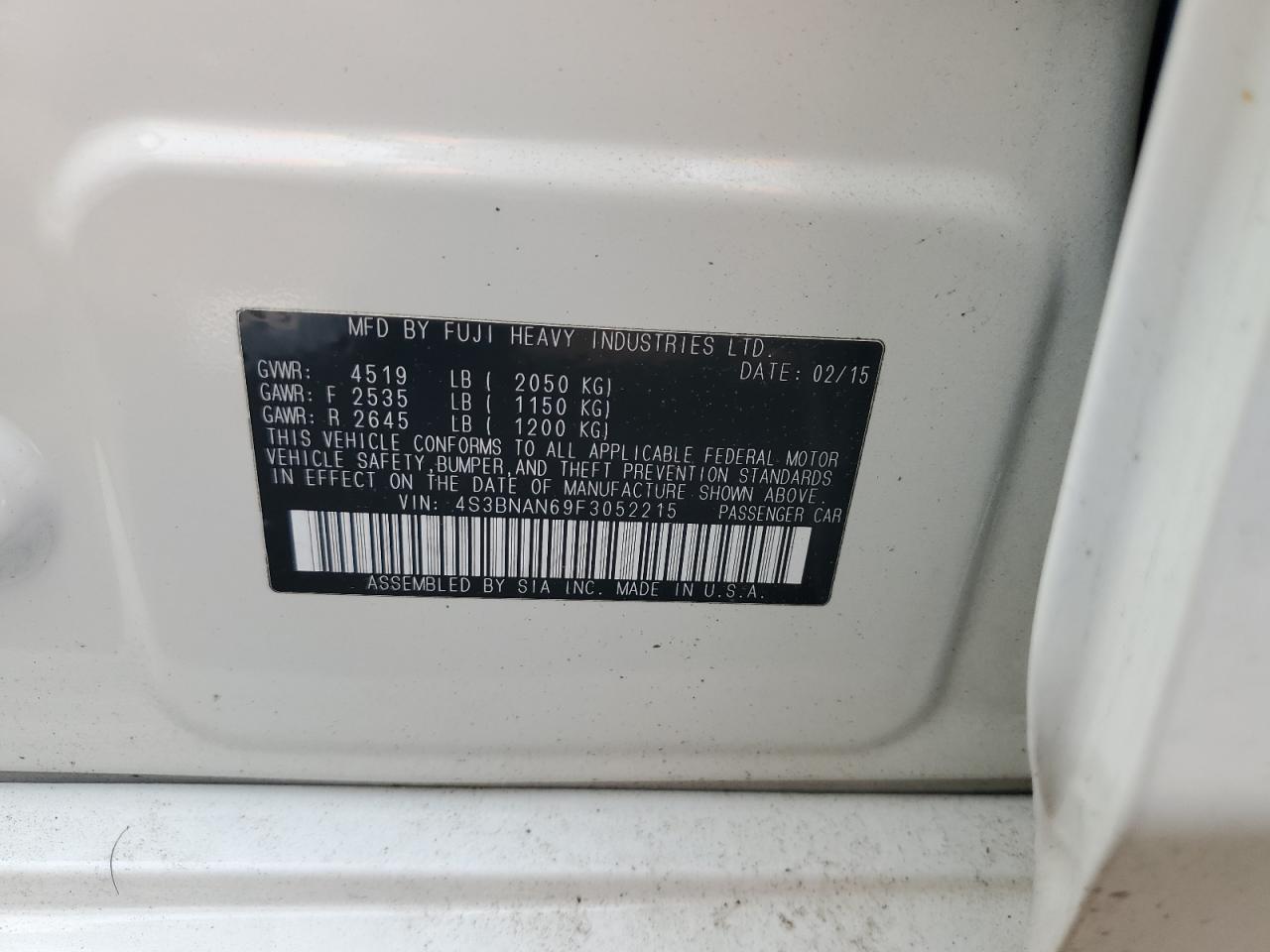 2015 Subaru Legacy 2.5I Limited VIN: 4S3BNAN69F3052215 Lot: 60130065