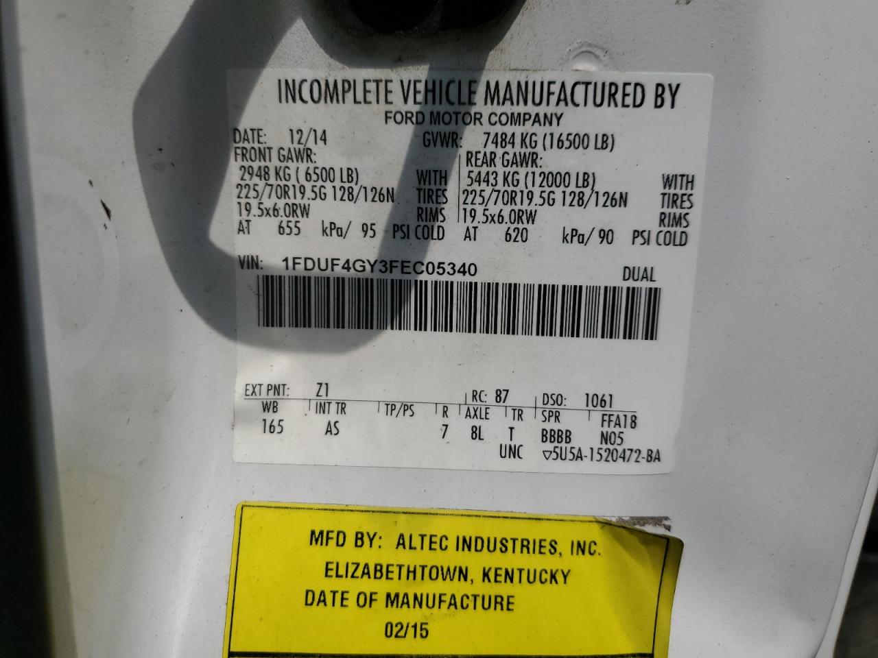 2015 Ford F450 Super Duty VIN: 1FDUF4GY3FEC05340 Lot: 58797115
