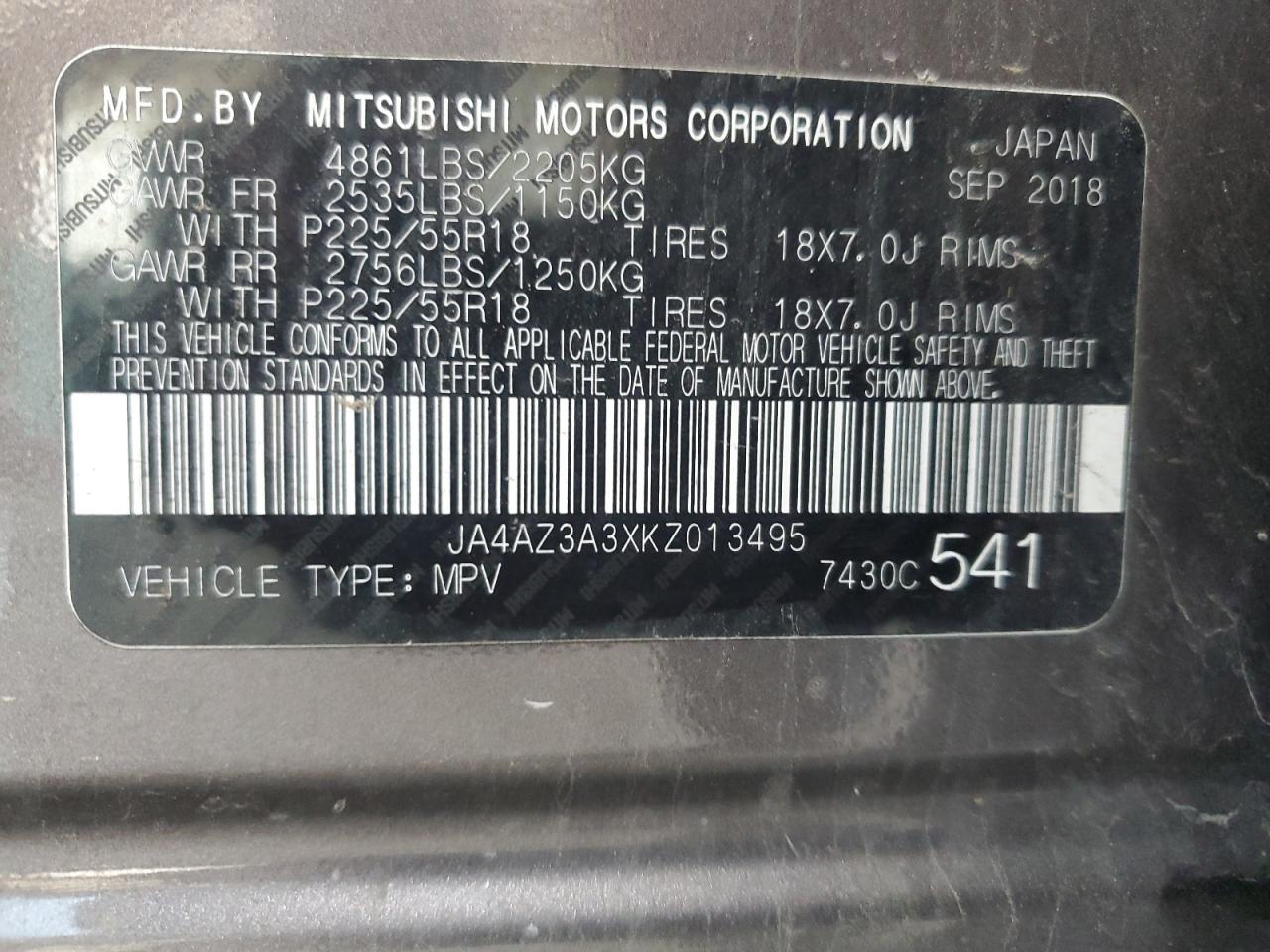 2019 Mitsubishi Outlander Se VIN: JA4AZ3A3XKZ013495 Lot: 63025765