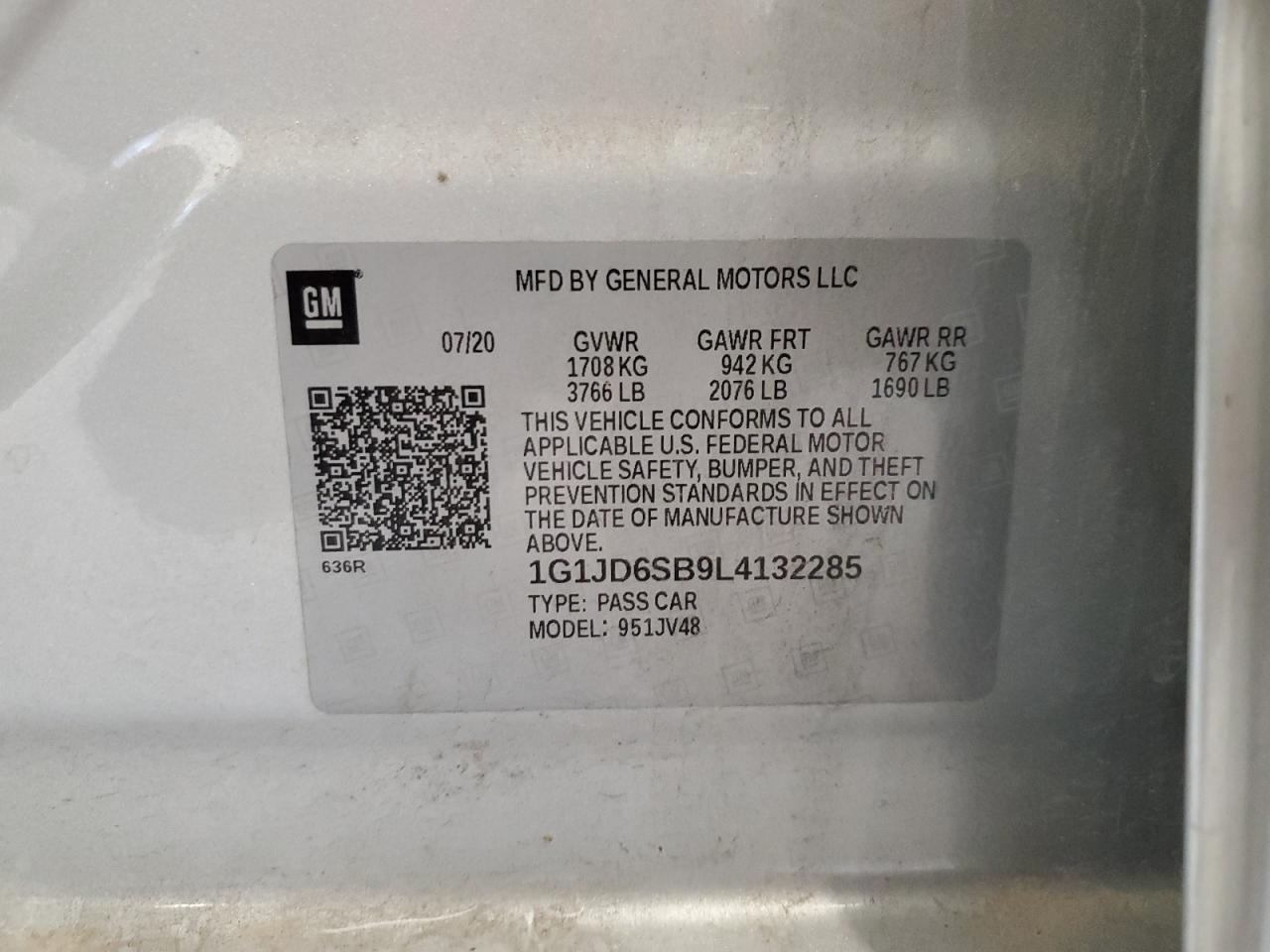 2020 Chevrolet Sonic Lt VIN: 1G1JD6SB9L4132285 Lot: 60682595