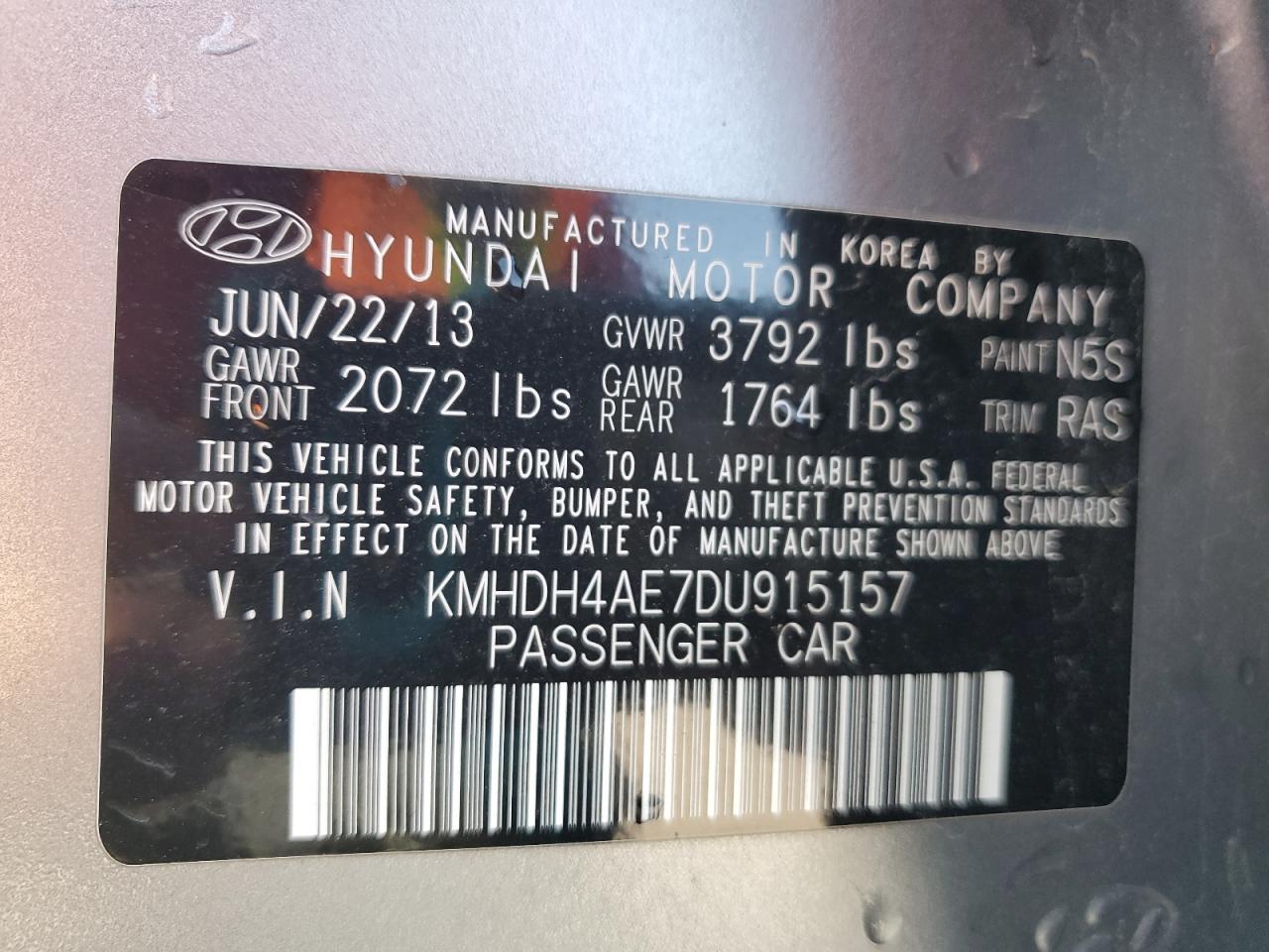 2013 Hyundai Elantra Gls VIN: KMHDH4AE7DU915157 Lot: 60283175