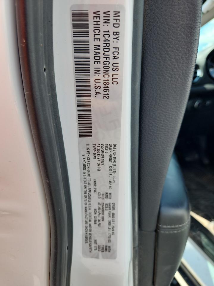 2022 Dodge Durango Pursuit VIN: 1C4RDJFG0NC184612 Lot: 60838665