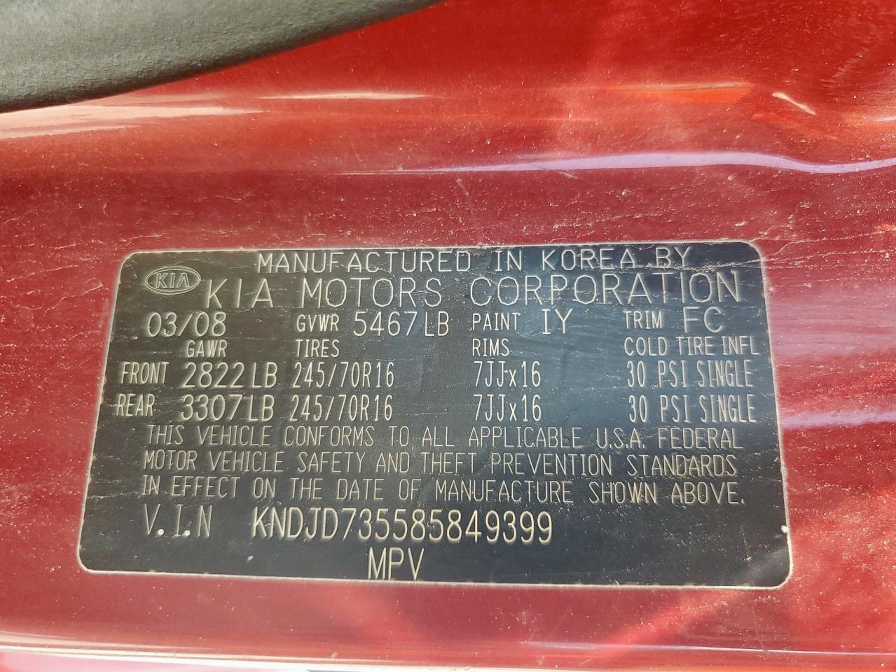 2008 Kia Sorento Ex VIN: KNDJD735585849399 Lot: 61480675