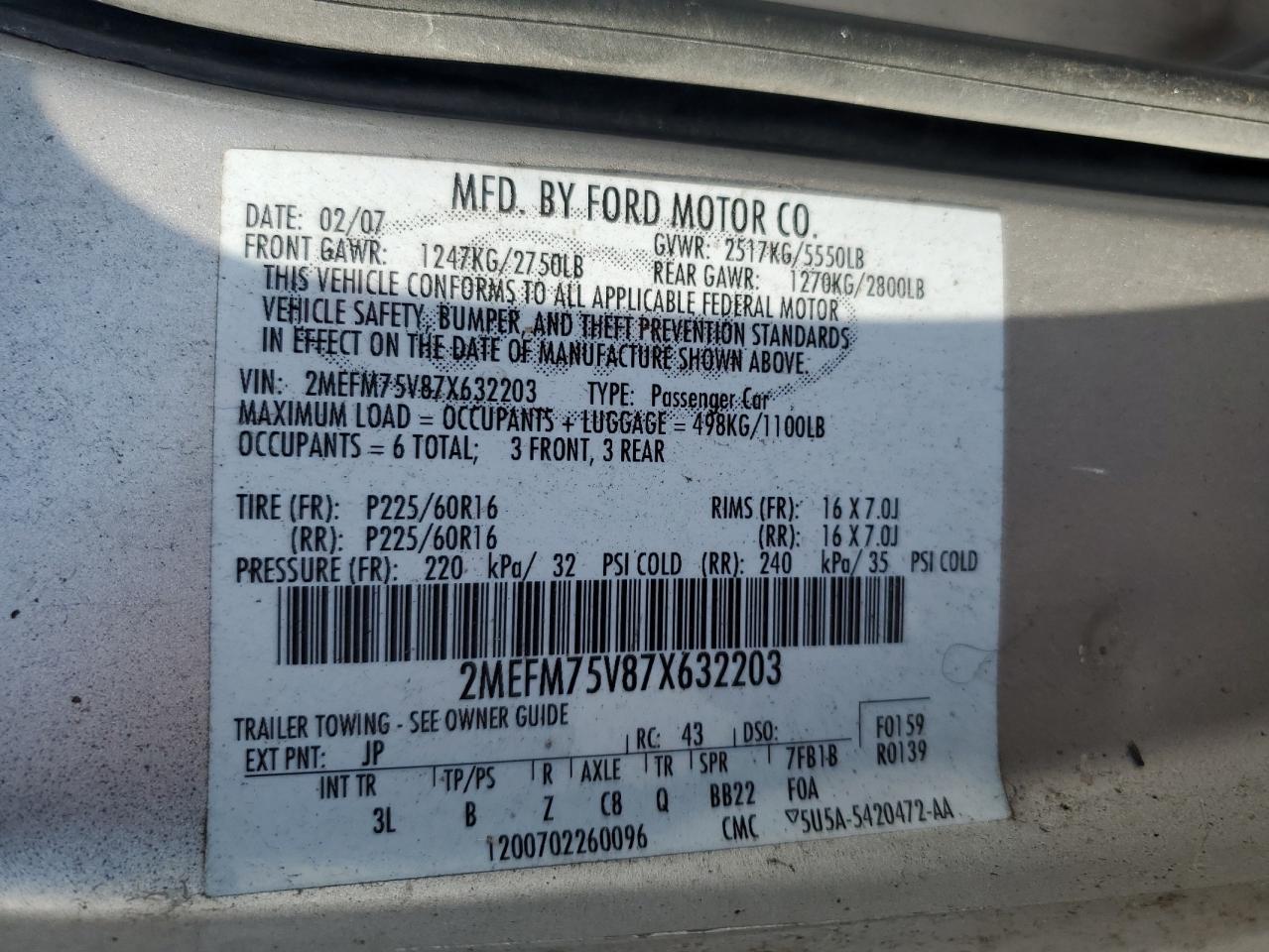 2007 Mercury Grand Marquis Ls VIN: 2MEFM75V87X632203 Lot: 61956345