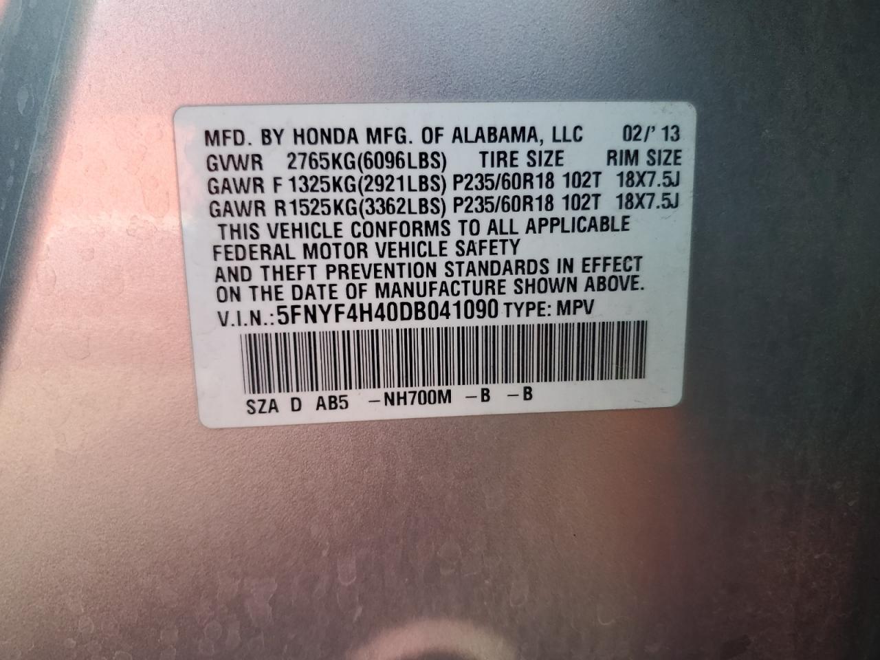 2013 Honda Pilot Ex VIN: 5FNYF4H40DB041090 Lot: 62141215