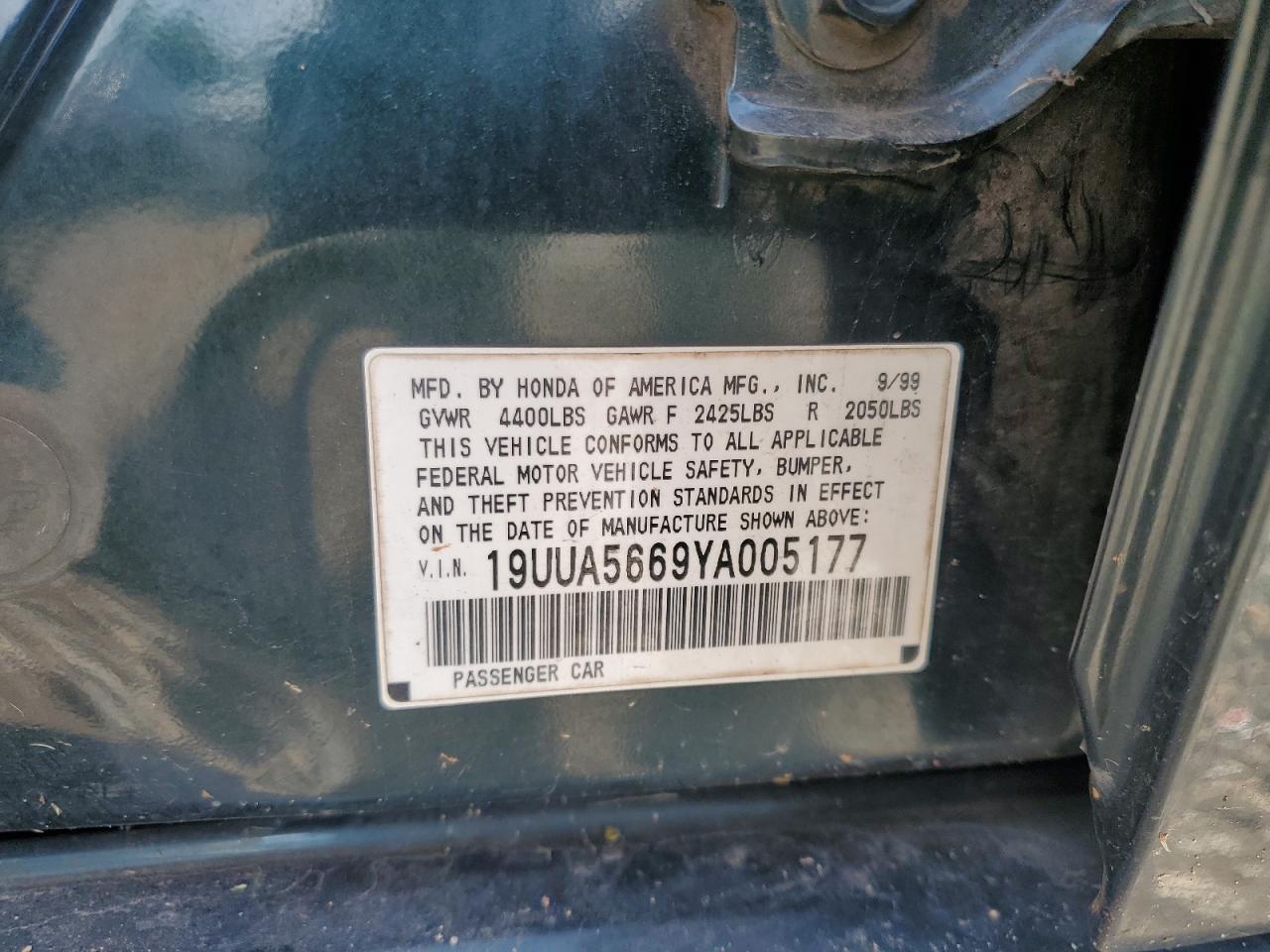 2000 Acura 3.2Tl VIN: 19UUA5669YA005177 Lot: 61045015