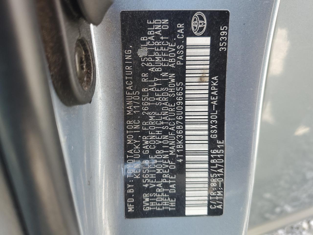 2006 Toyota Avalon Xl VIN: 4T1BK36B76U096655 Lot: 63047575