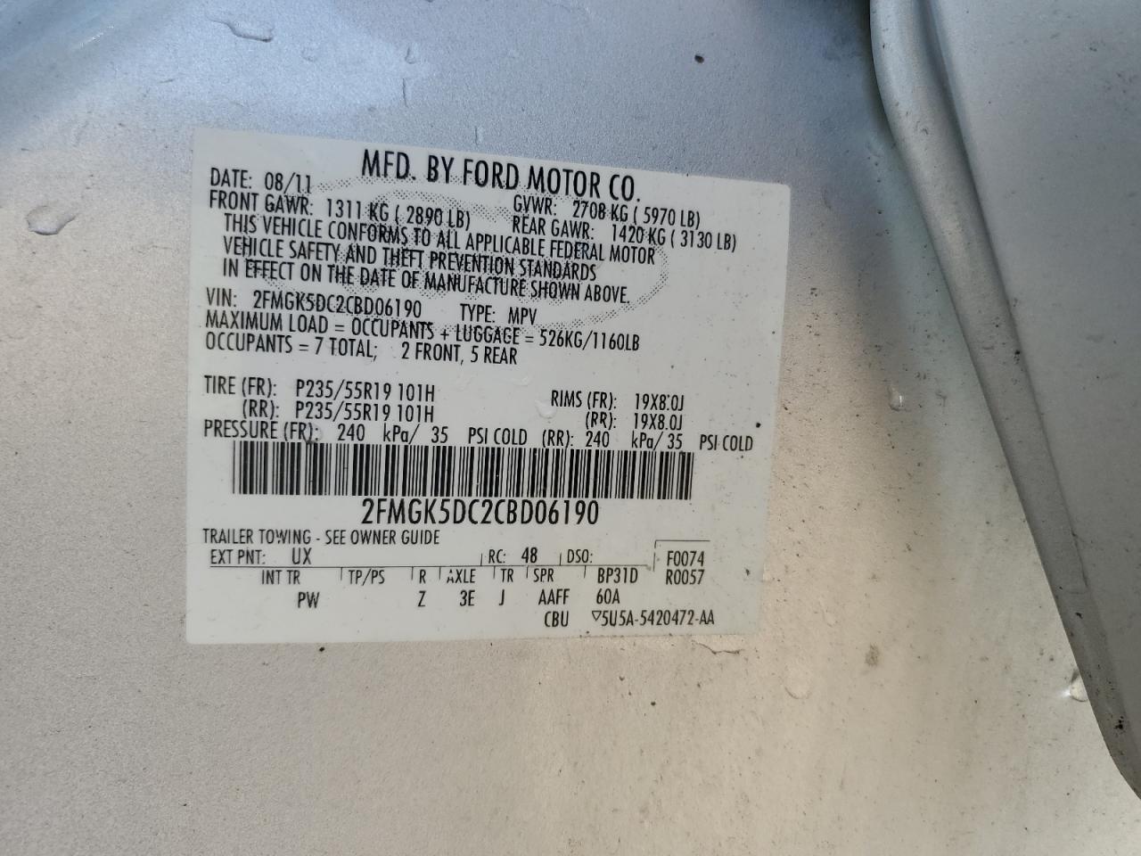 2012 Ford Flex Limited VIN: 2FMGK5DC2CBD06190 Lot: 62352315