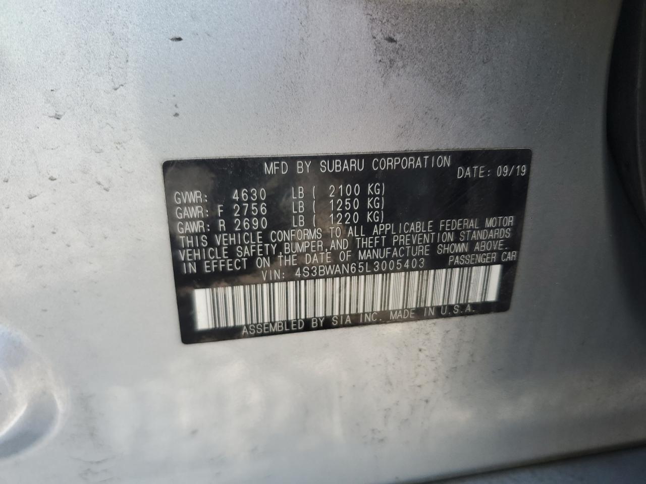 2020 Subaru Legacy Limited VIN: 4S3BWAN65L3005403 Lot: 60197685
