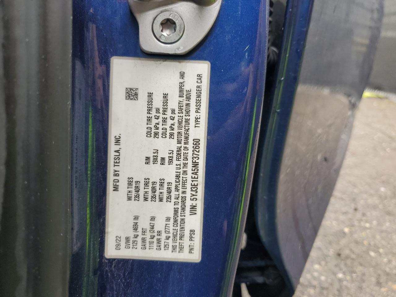 2022 Tesla Model 3 VIN: 5YJ3E1EA5NF372660 Lot: 59999235