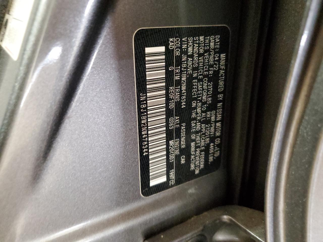 2022 Nissan Rogue Sport Sv VIN: JN1BJ1BW2NW478344 Lot: 62013615