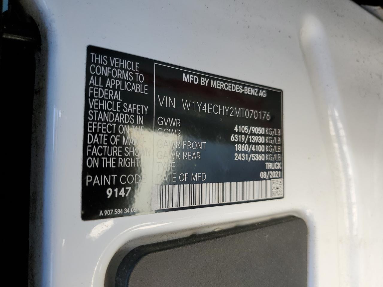 2021 Mercedes-Benz Sprinter 2500 VIN: W1Y4ECHY2MT070176 Lot: 60907845