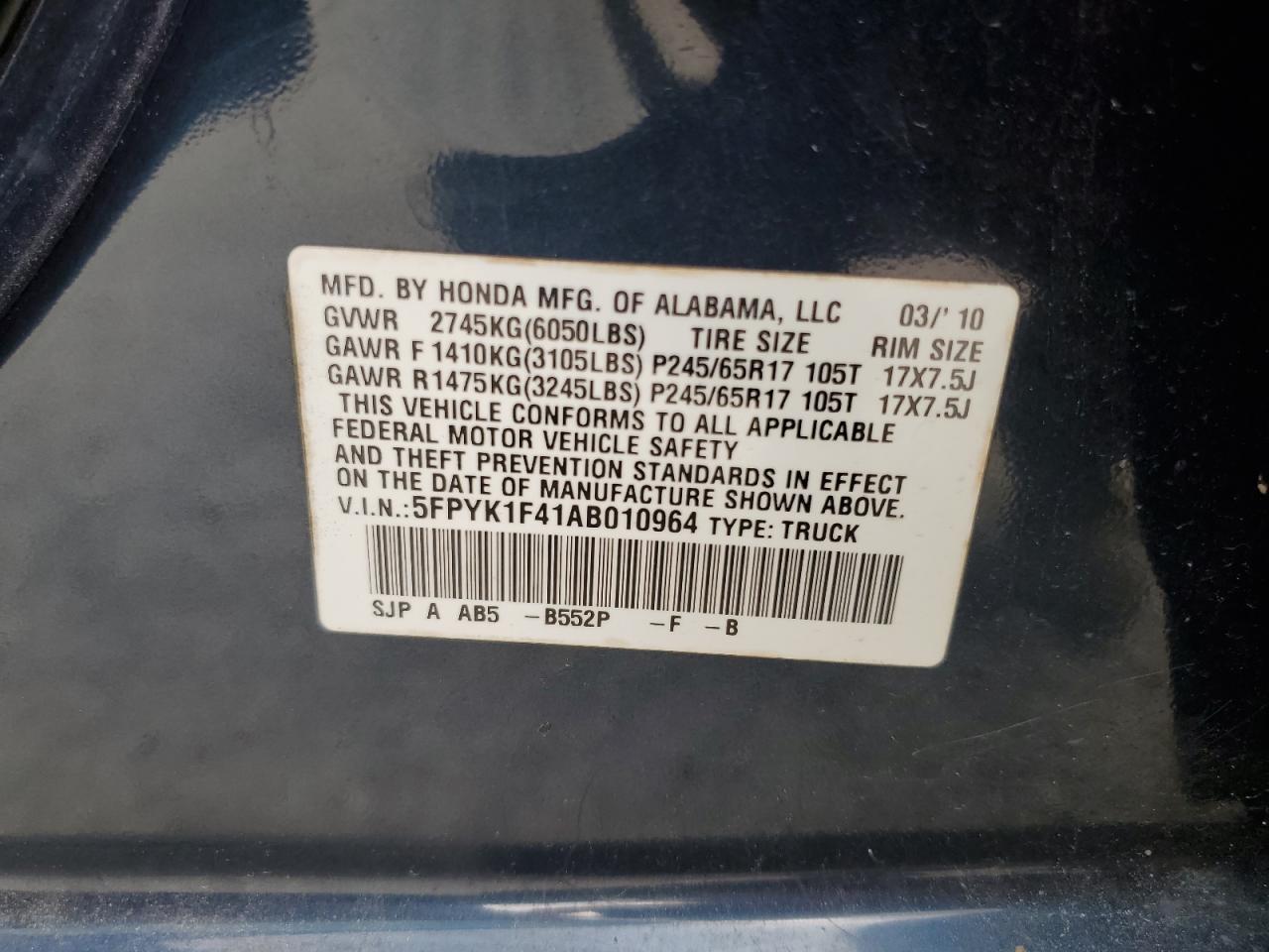 2010 Honda Ridgeline Rts VIN: 5FPYK1F41AB010964 Lot: 58408055