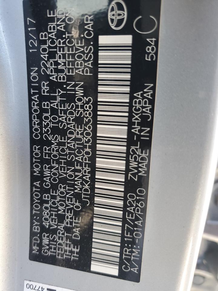 2017 Toyota Prius Prime VIN: JTDKARFP0H3063883 Lot: 62472935