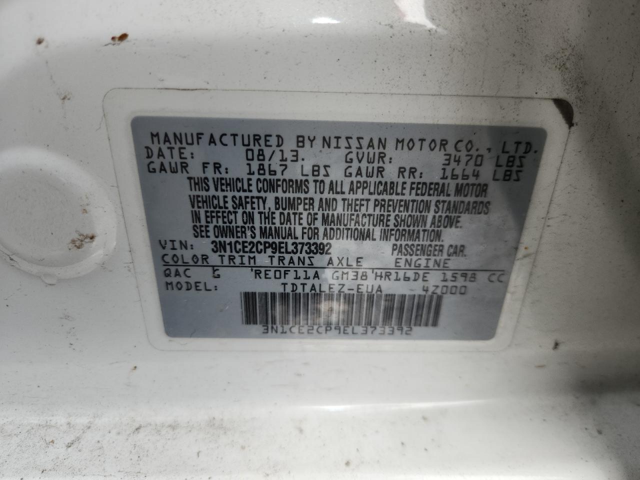 2014 Nissan Versa Note S VIN: 3N1CE2CP9EL373392 Lot: 62745545