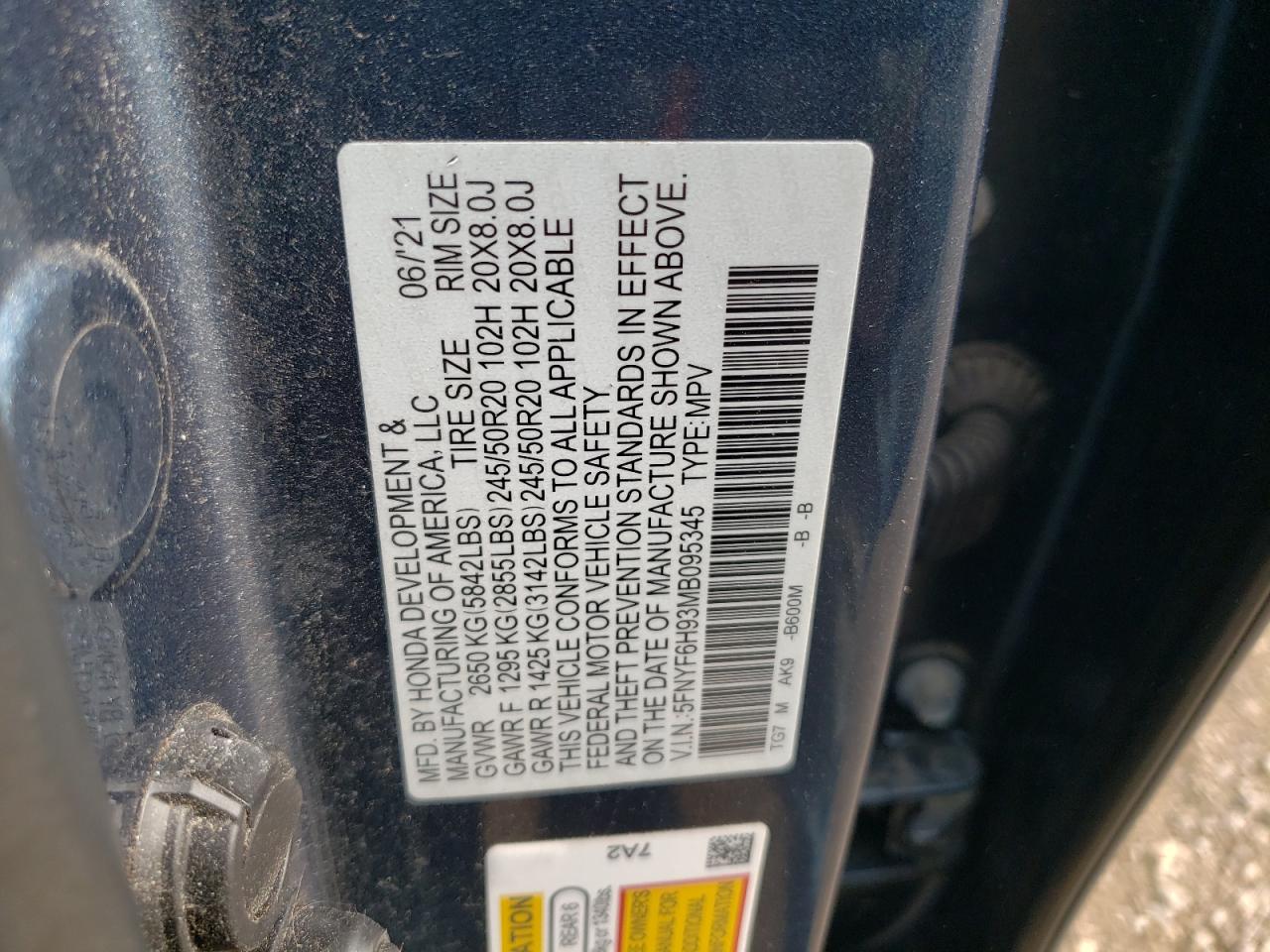 2021 Honda Pilot Touring VIN: 5FNYF6H93MB095345 Lot: 63045805