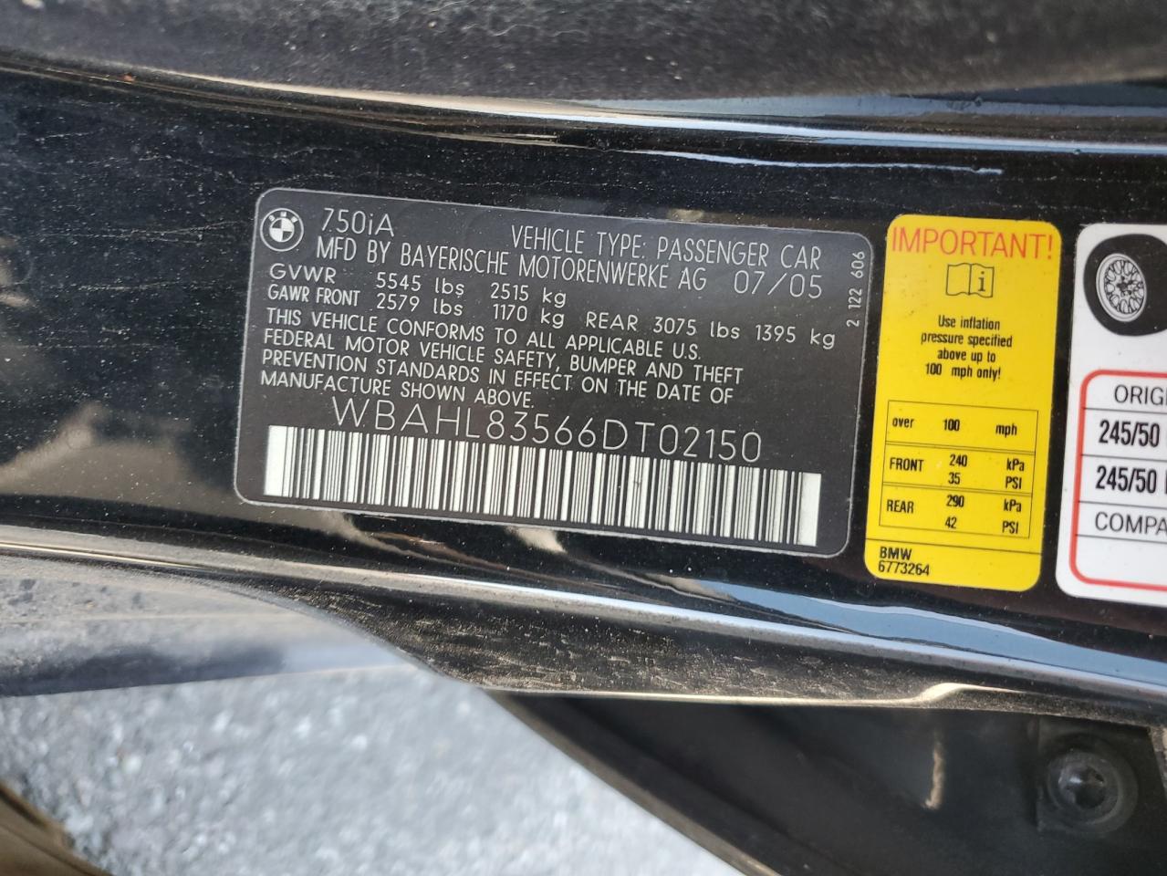 2006 BMW 750 I VIN: WBAHL83566DT02150 Lot: 59057695