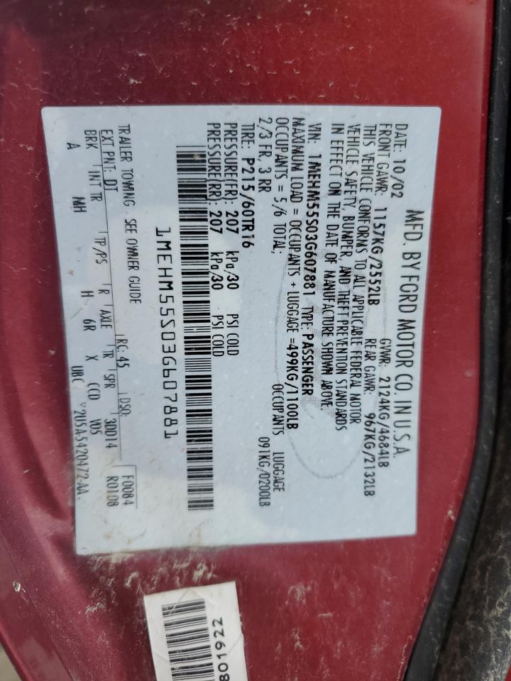 2003 Mercury Sable Ls Premium VIN: 1MEHM55S03G607881 Lot: 61137665