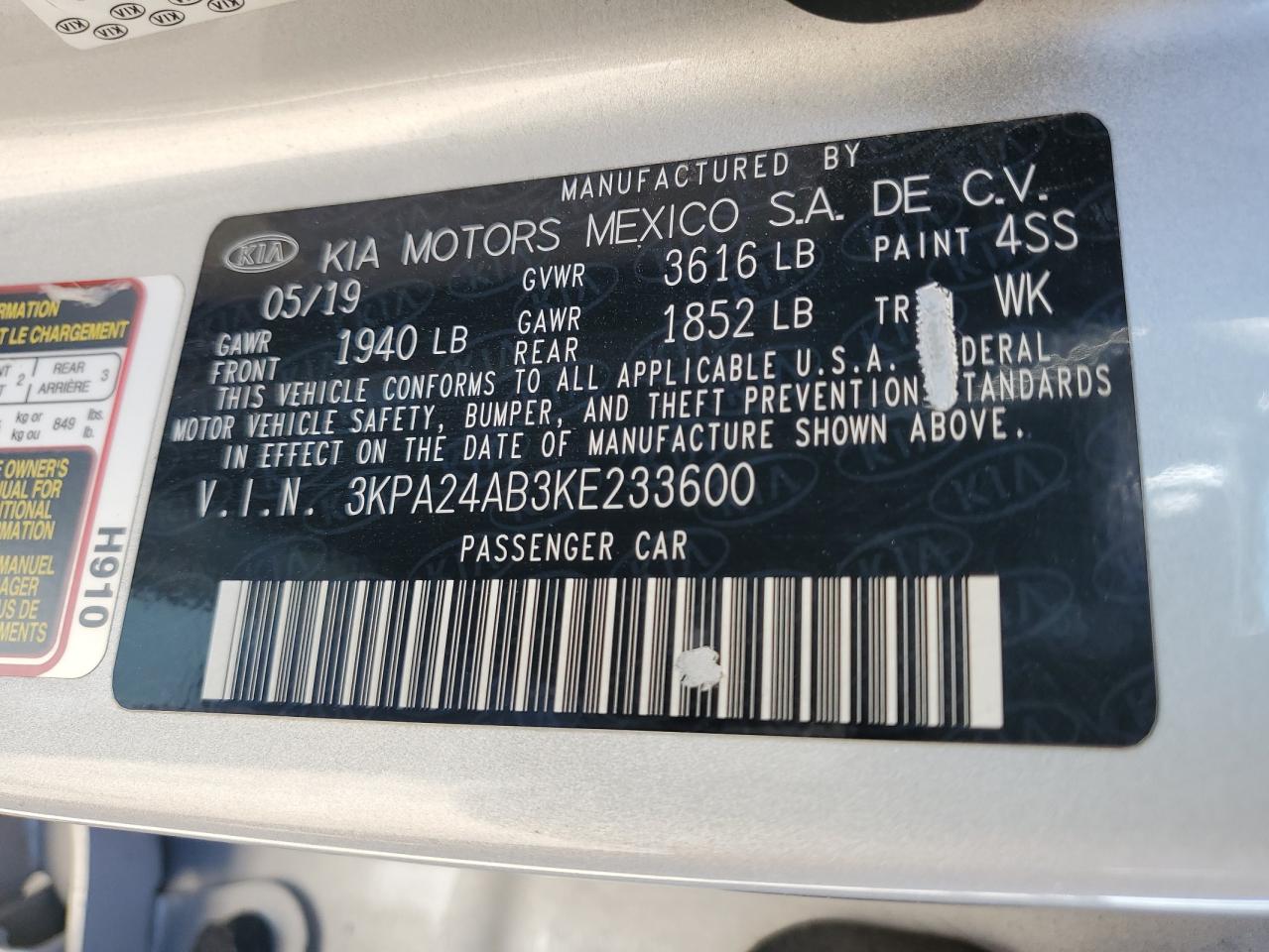 2019 Kia Rio S VIN: 3KPA24AB3KE233600 Lot: 62711075