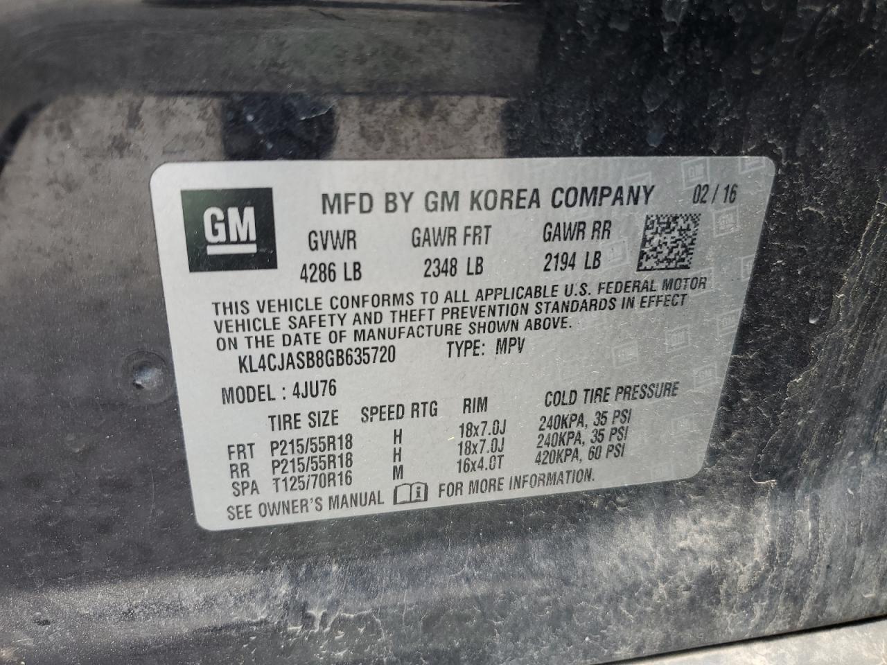 2016 Buick Encore VIN: KL4CJASB8GB635720 Lot: 62837835
