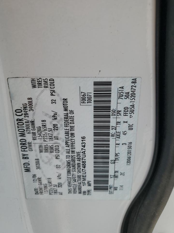 2007 Ford Explorer Eddie Bauer VIN: 1FMEU74887UA74316 Lot: 61855365
