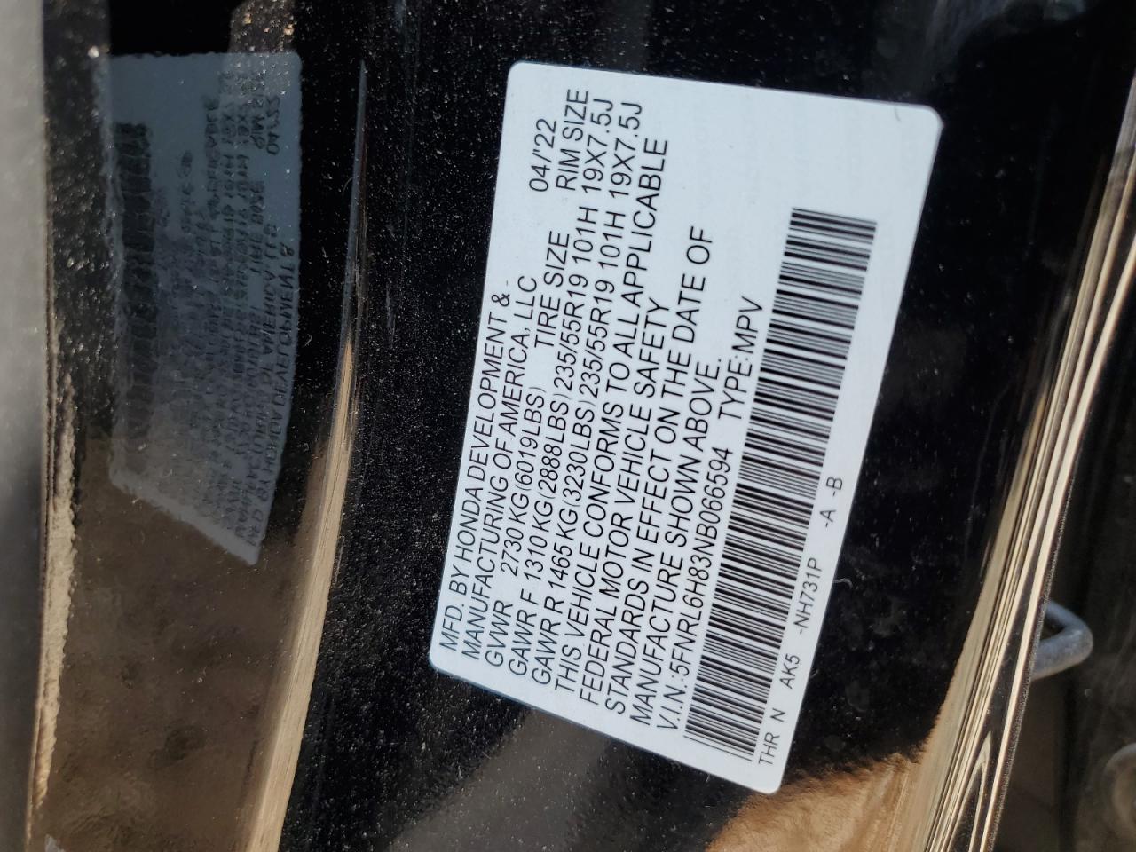 2022 Honda Odyssey Touring VIN: 5FNRL6H83NB066594 Lot: 58567795