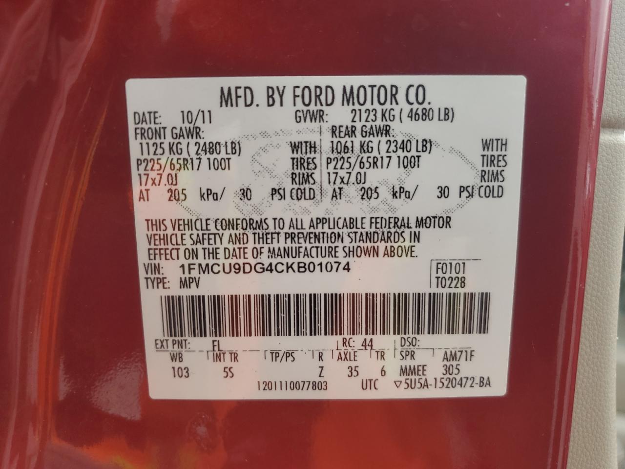2012 Ford Escape Xlt VIN: 1FMCU9DG4CKB01074 Lot: 62483805