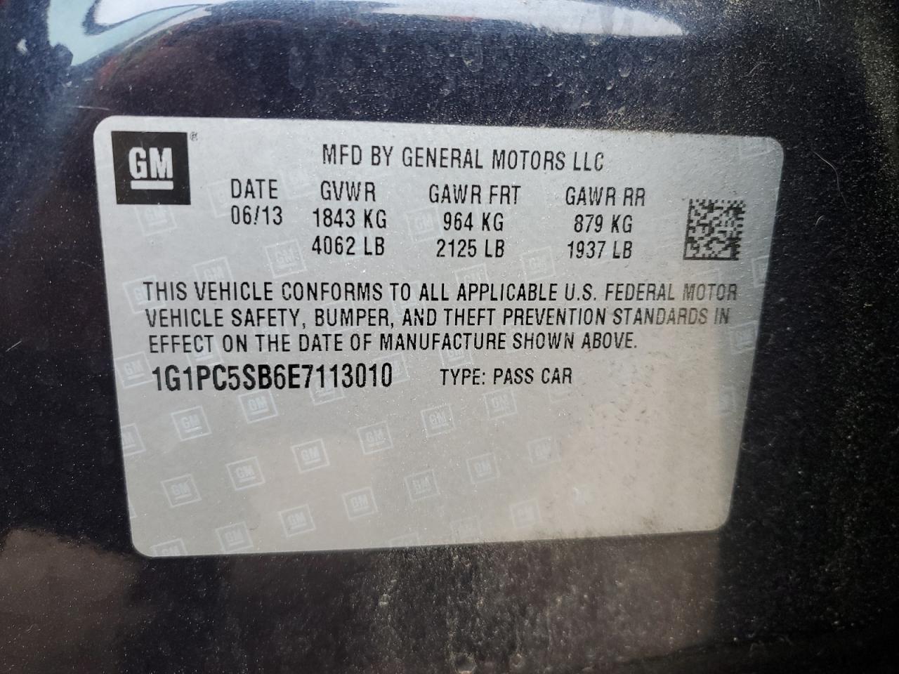 2014 Chevrolet Cruze Lt VIN: 1G1PC5SB6E7113010 Lot: 62129235