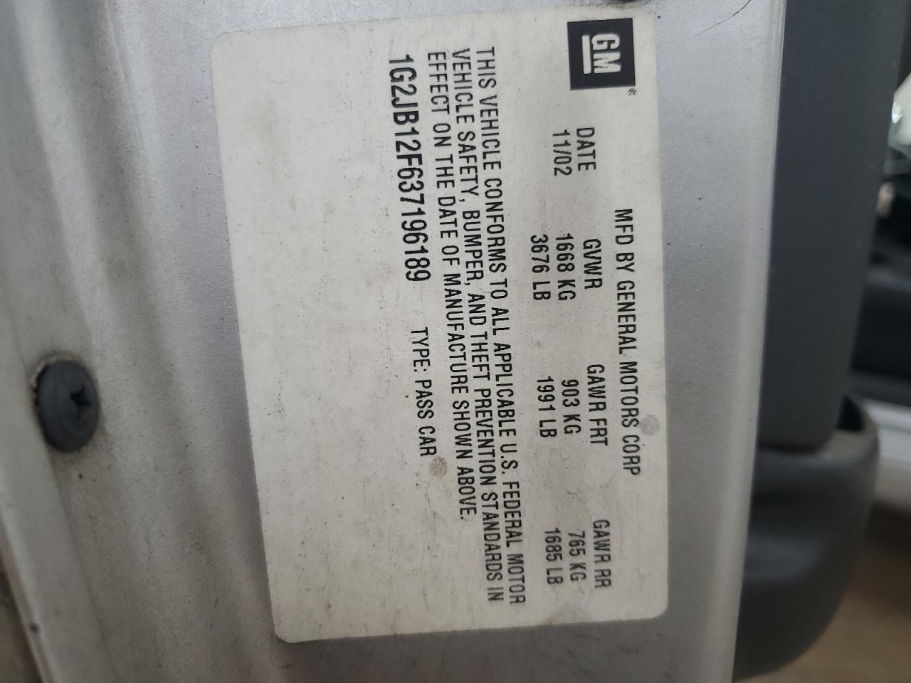 2003 Pontiac Sunfire VIN: 1G2JB12F637196189 Lot: 60882435