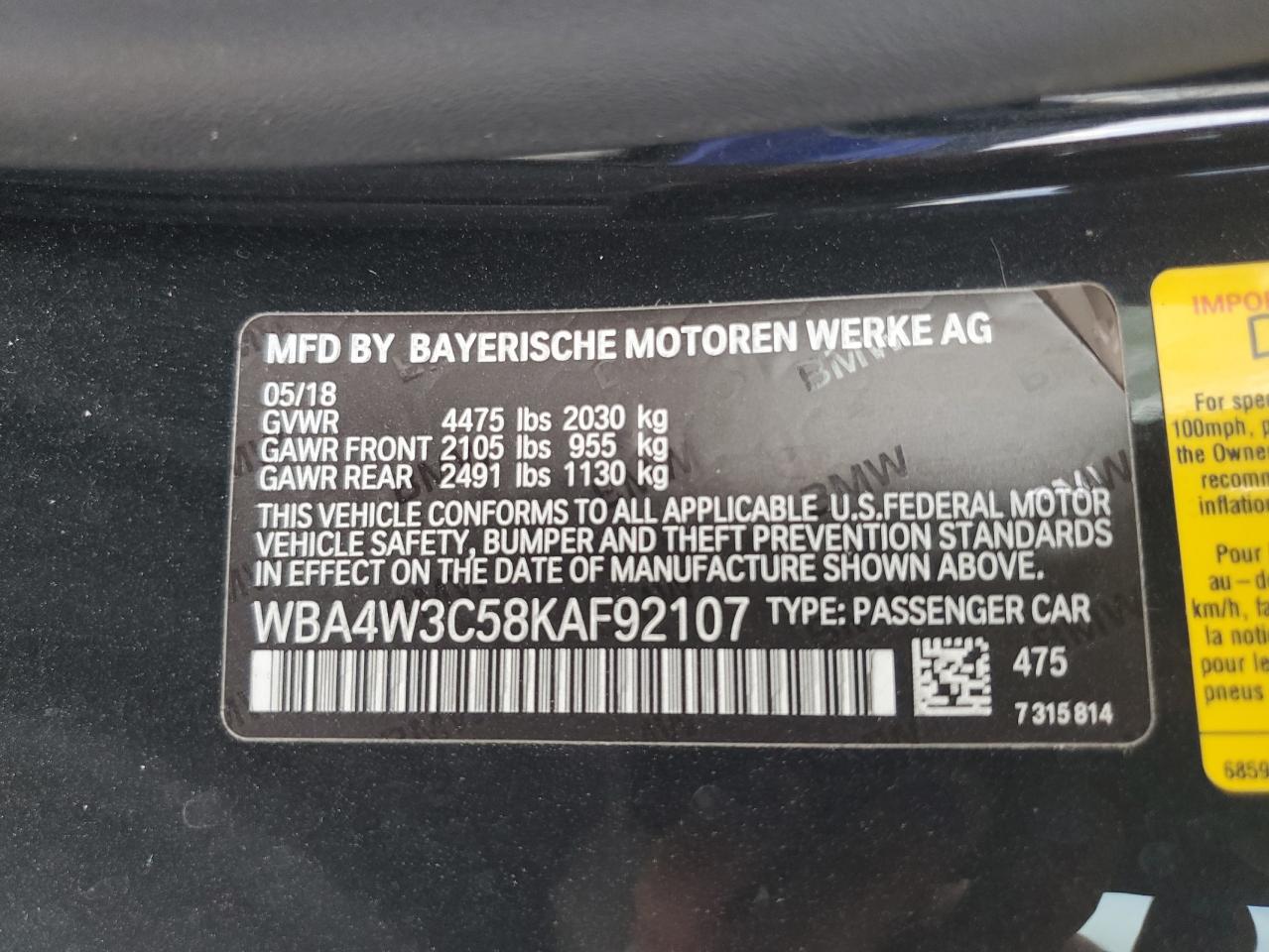 2019 BMW 430I VIN: WBA4W3C58KAF92107 Lot: 62331525