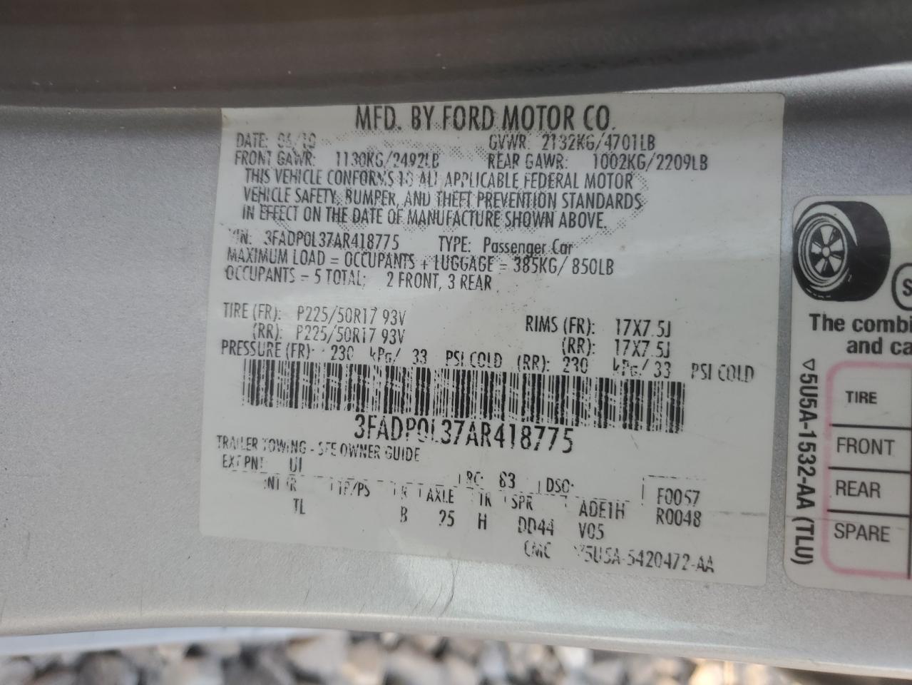 2010 Ford Fusion Hybrid VIN: 3FADP0L37AR418775 Lot: 60482305