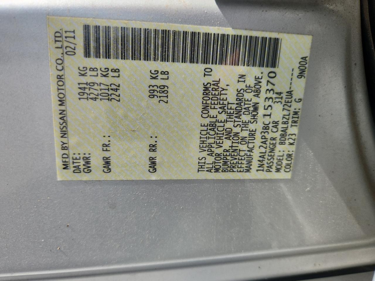 2011 Nissan Altima Base VIN: 1N4AL2AP3BC153370 Lot: 62464395