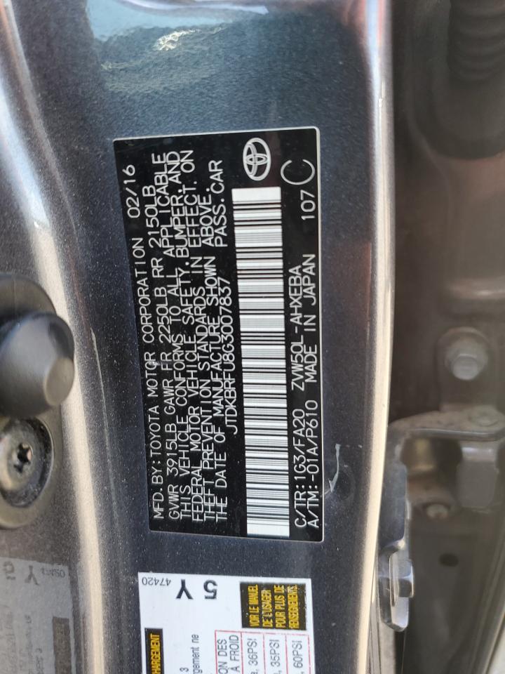JTDKBRFU8G3007837 TOYOTA PRIUS 2016