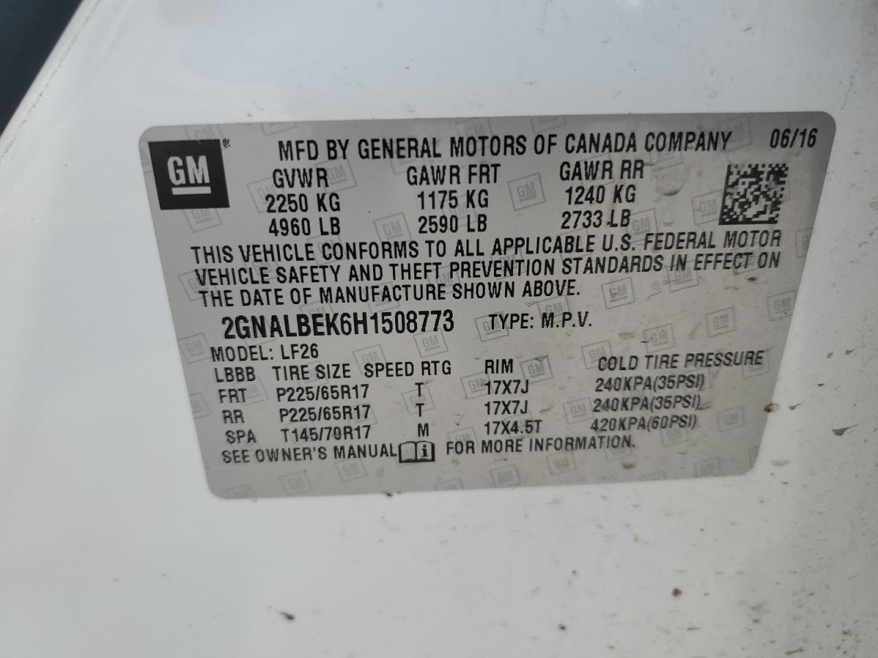2017 Chevrolet Equinox Ls VIN: 2GNALBEK6H1508773 Lot: 59619265