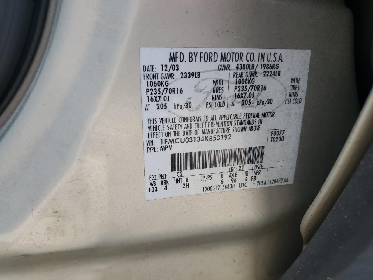 2004 Ford Escape Xlt VIN: 1FMCU03134KB53192 Lot: 62178075