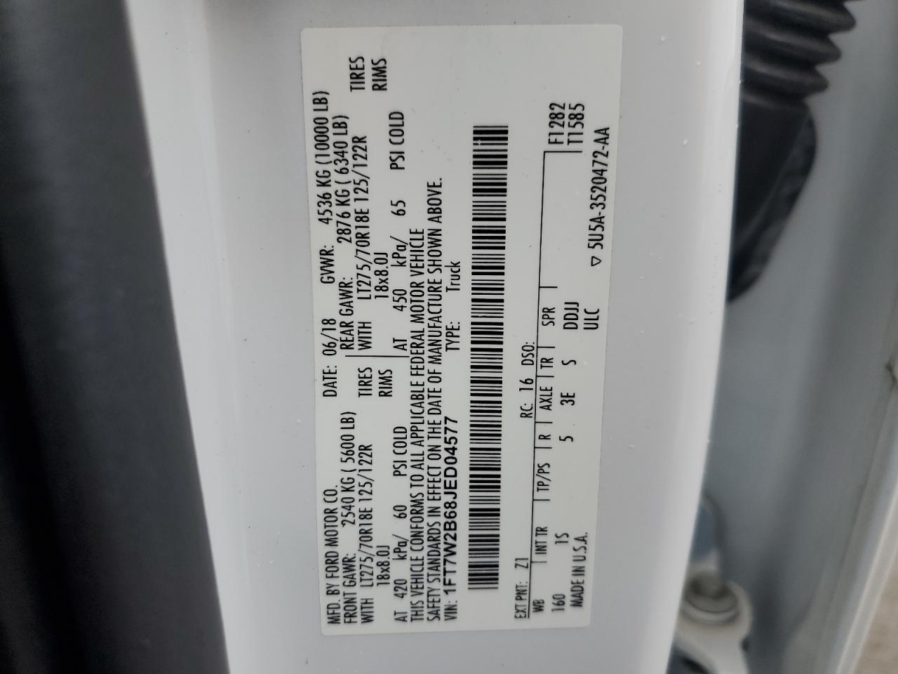 2018 Ford F250 Super Duty VIN: 1FT7W2B68JED04577 Lot: 62562155