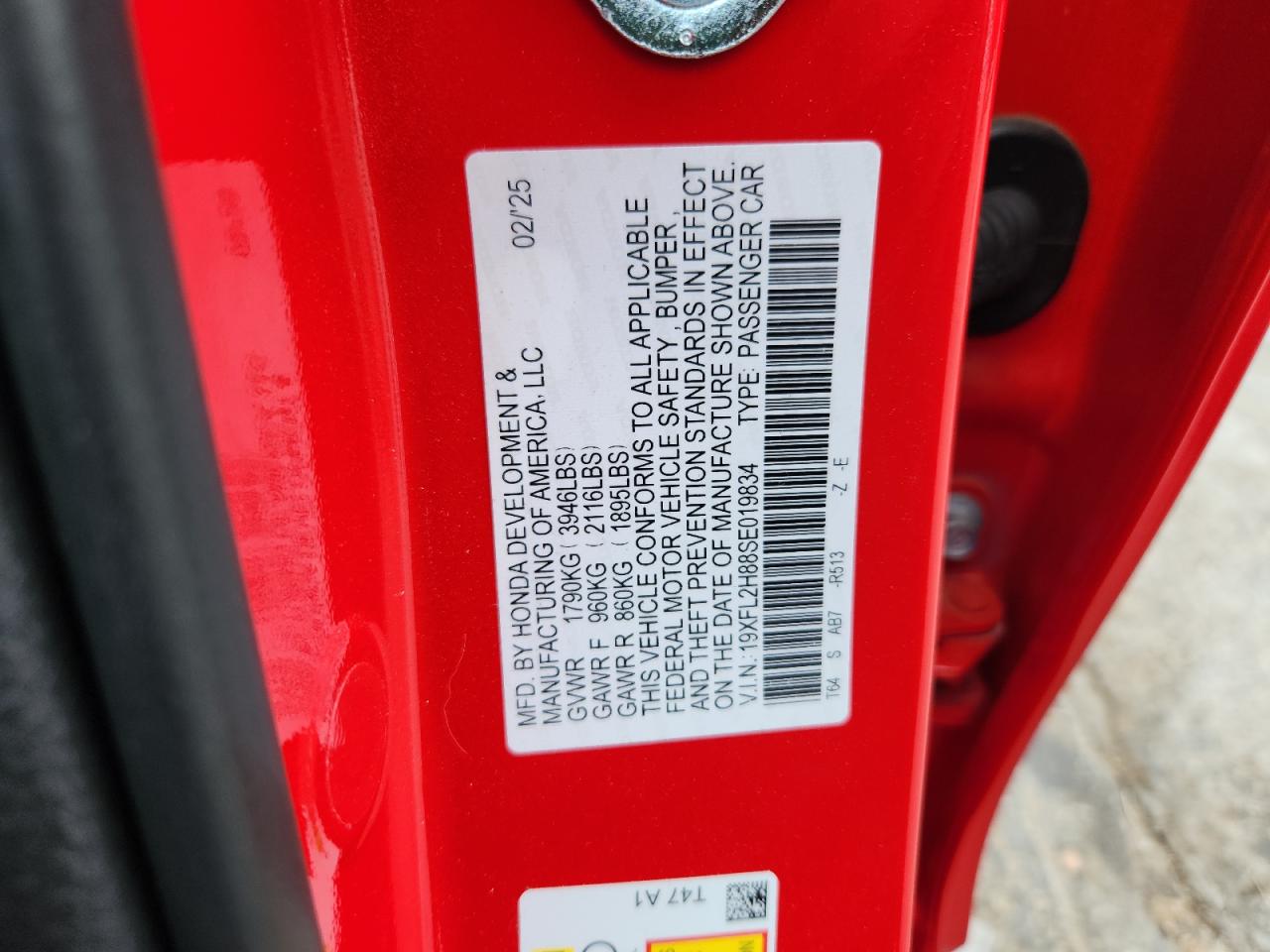 2025 Honda Civic Sport VIN: 19XFL2H88SE019834 Lot: 61073275