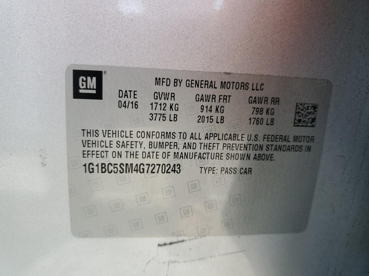 1G1BC5SM4G7270243 CHEVROLET CRUZE 2016