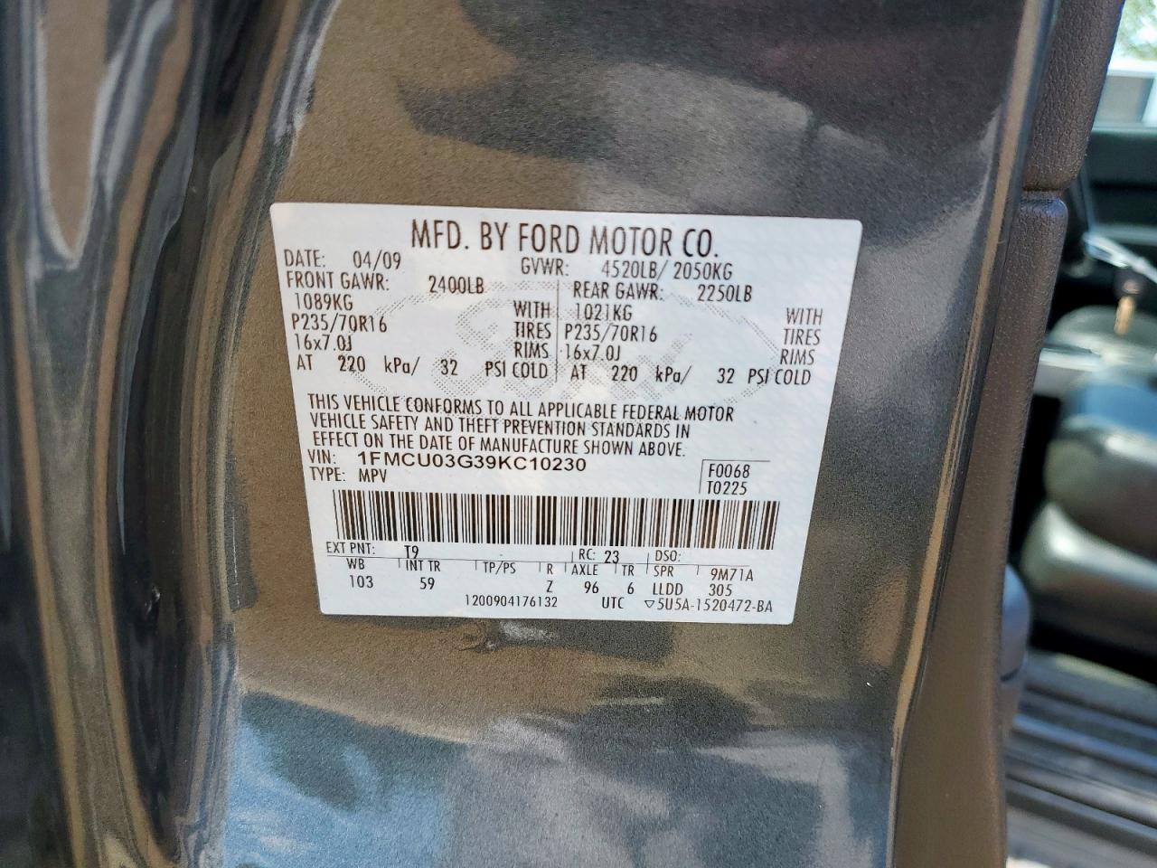 2009 Ford Escape Xlt VIN: 1FMCU03G39KC10230 Lot: 62782495