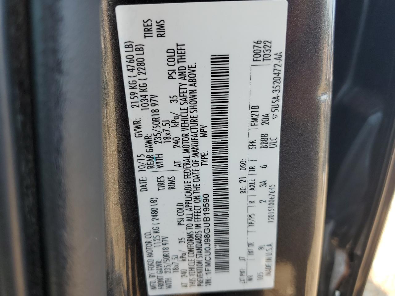 2016 Ford Escape Titanium VIN: 1FMCU0J98GUB19590 Lot: 62922055