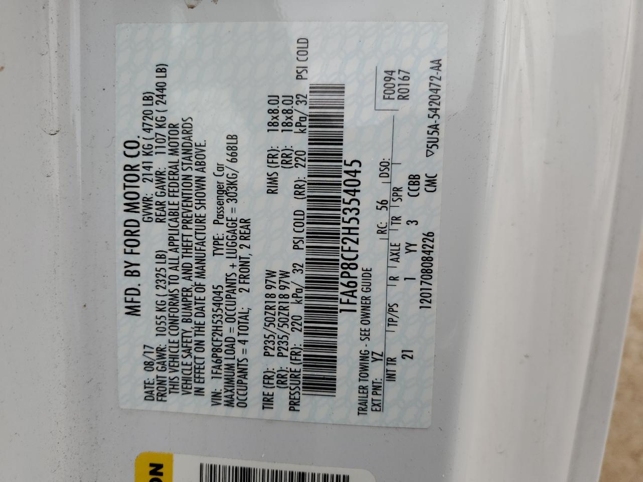 2017 Ford Mustang Gt VIN: 1FA6P8CF2H5354045 Lot: 59752485