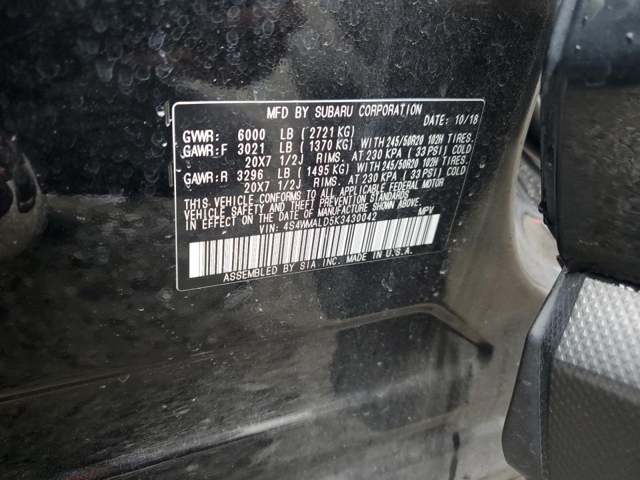 2019 Subaru Ascent Limited VIN: 4S4WMALD5K3430042 Lot: 62876705