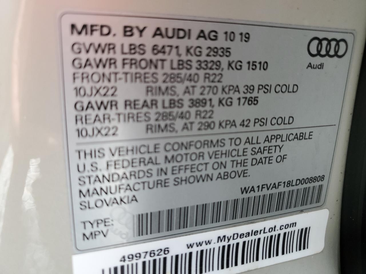 2020 Audi Q8 Prestige S-Line VIN: WA1FVAF18LD008808 Lot: 60989585