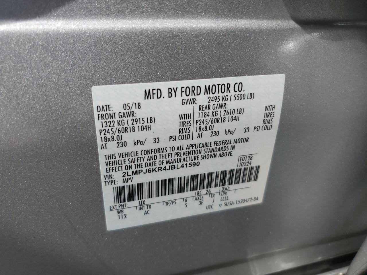 2018 Lincoln Mkx Select VIN: 2LMPJ6KR4JBL41590 Lot: 62740685