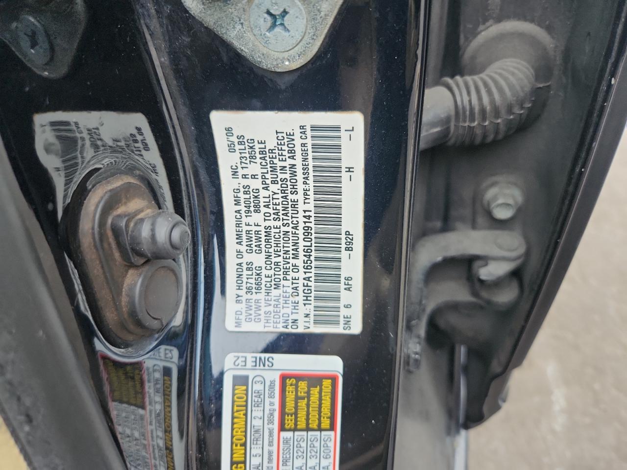 HONDA CIVIC 2006 VIN 1HGFA16546L099141 фото 12